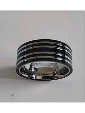 Size 11 Black Stainless Steel/Chrome Striped Mens Ring